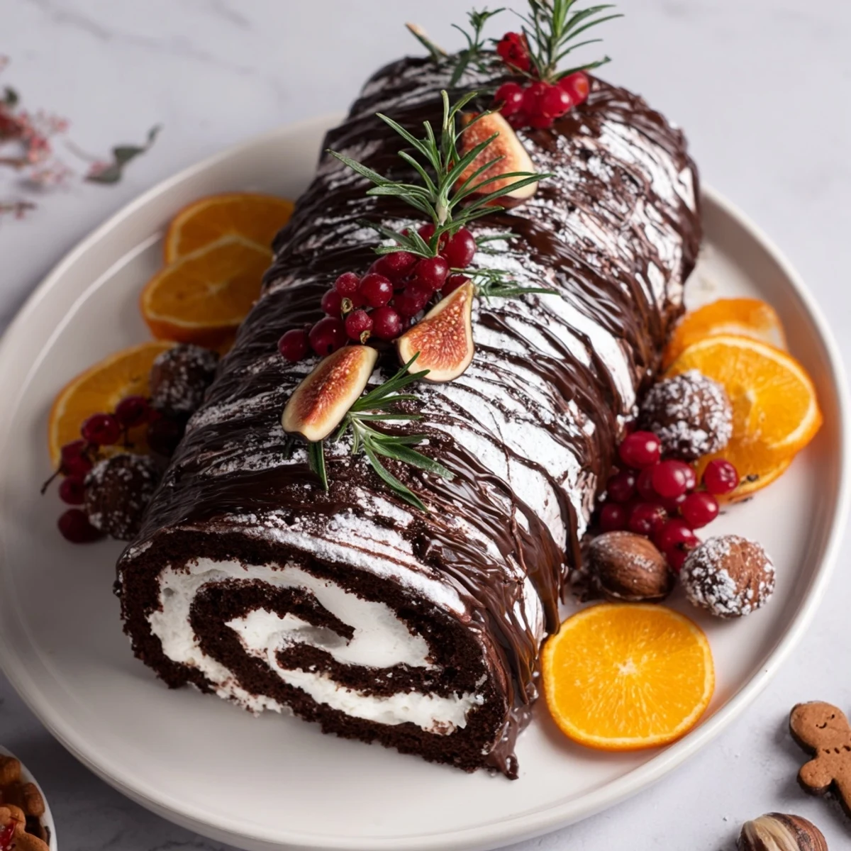 Warm Winter Warmer Fireplace Log Dessert Board featuring chocolate roulade and gingerbread cookies, cozy and inviting.