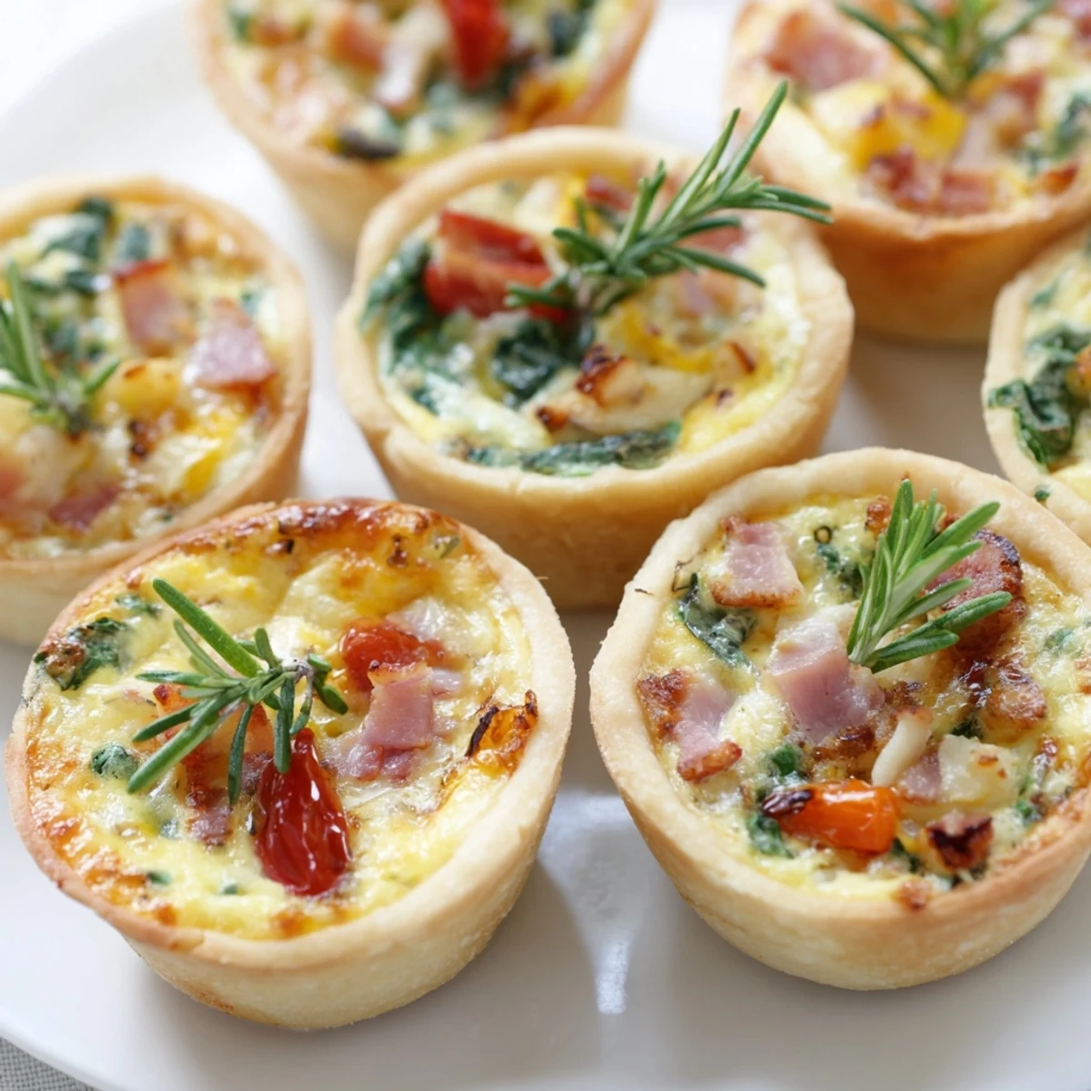 Golden-brown mini quiche holiday village board, festively decorated with rosemary and mozzarella for a holiday appetizer.