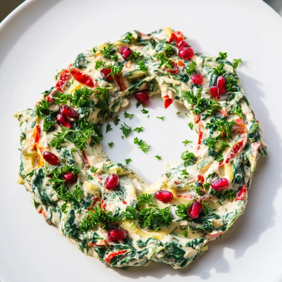 Creamy Red Pepper and Spinach Dip Wreath, a festive holiday appetizer ready for dipping and sharing.