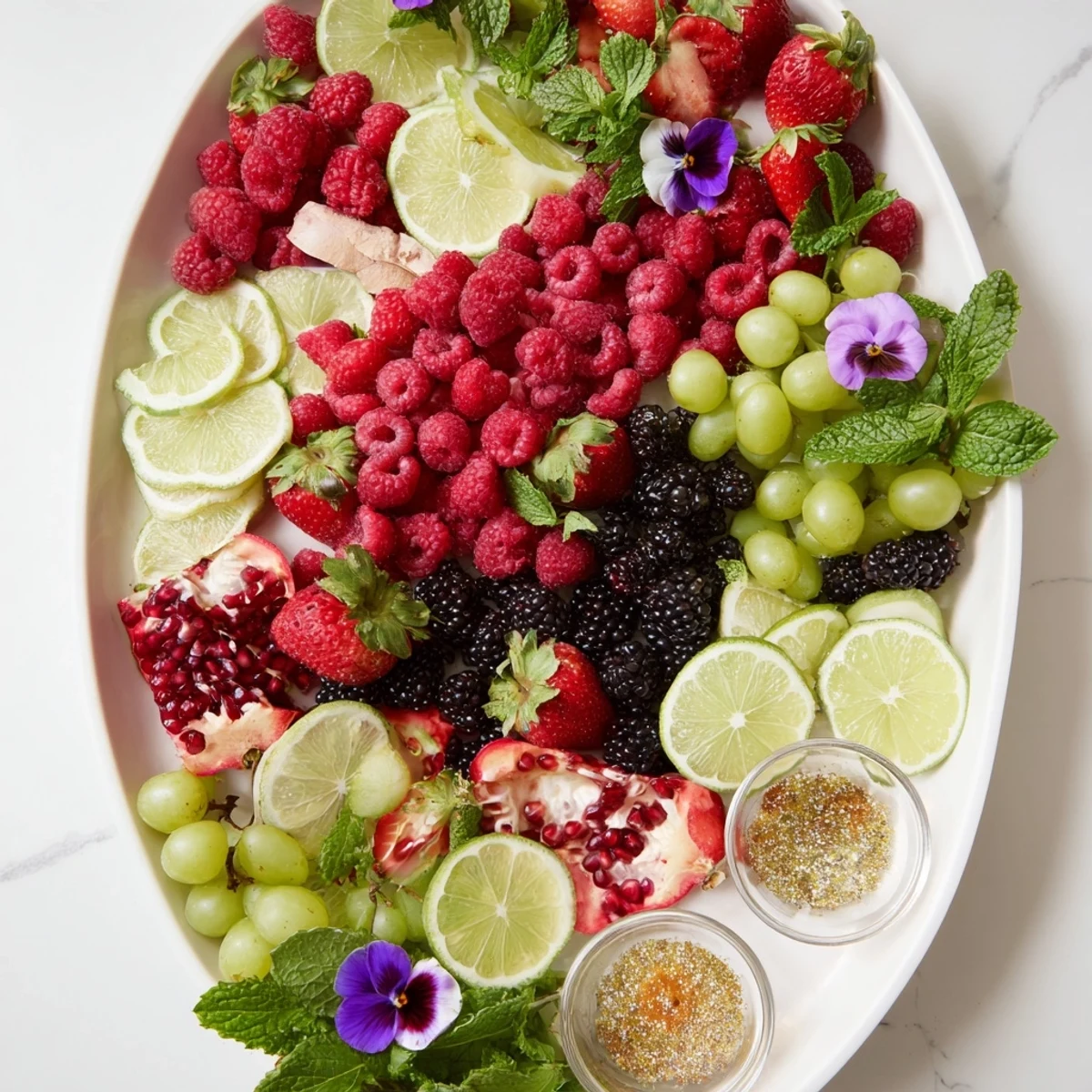Vibrant Bubbly Bar Garnish Platter showcasing fresh berries, citrus wheels, and edible flowers arranged elegantly.