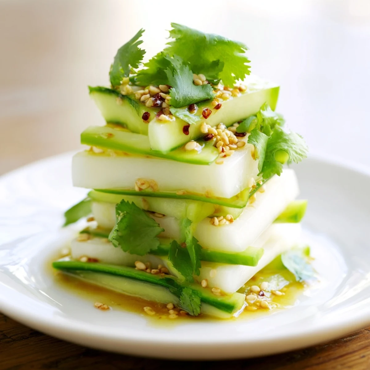 Crisp jicama and cucumber slice stacks drizzled with zesty lime-chili dressing for a vegan appetizer.
