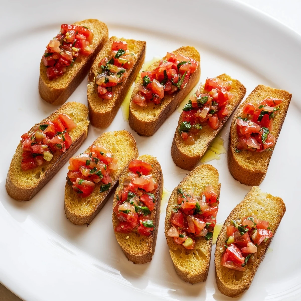 Golden, crispy Bruschetta toasts are arranged diagonally, topped with vibrant tomato and basil.