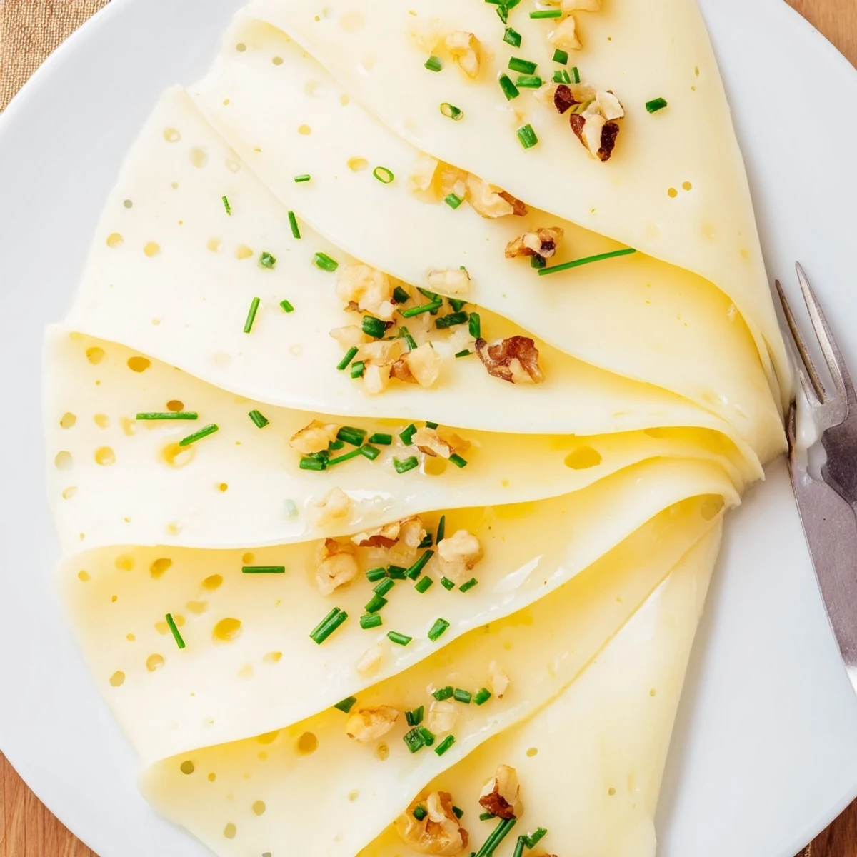 Artfully arranged Swiss cheese slices in a fan, ready for serving as a quick and elegant appetizer.