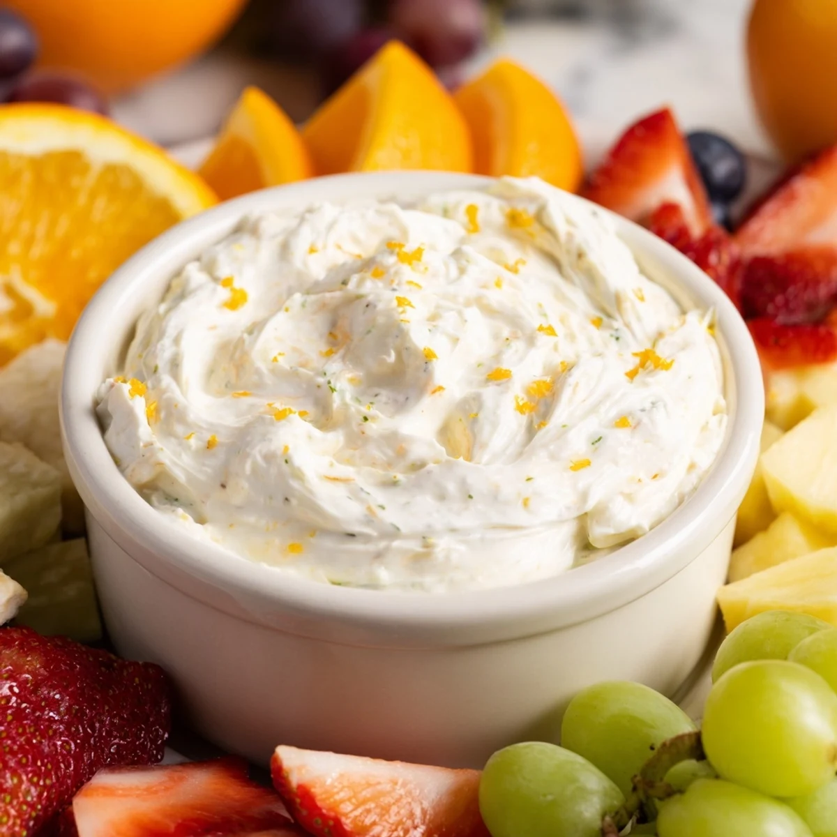 Fluffy cream cheese fruit dip in a bowl surrounded by colorful, ripe strawberries and fruit.