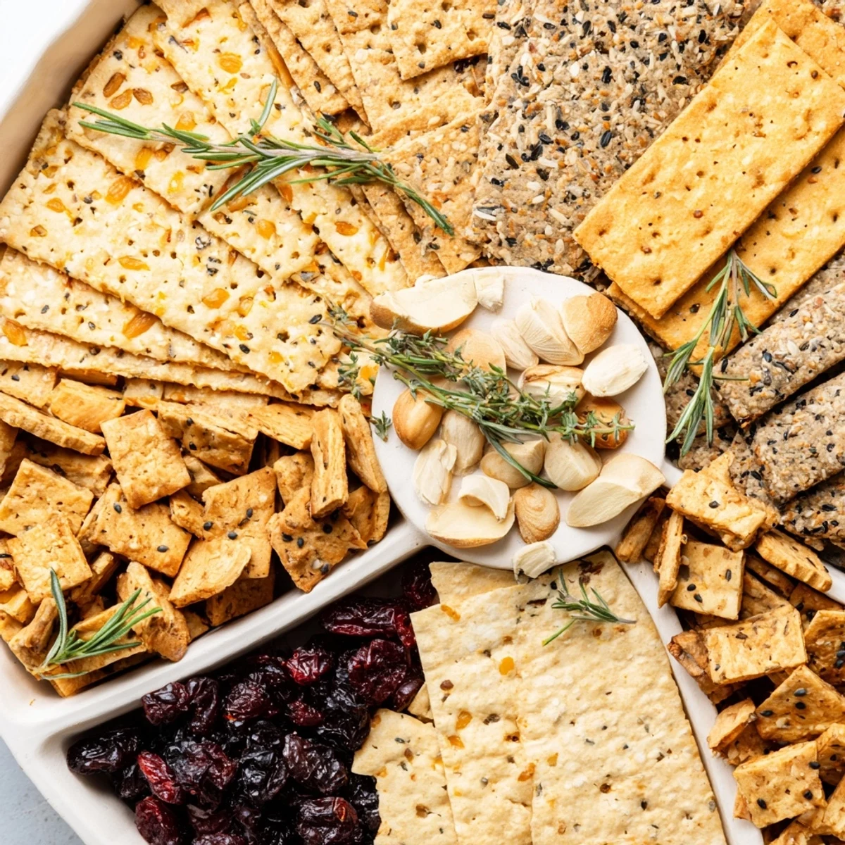 Festive Holiday Crackers arranged on a platter, ready for cheese and a delicious holiday appetizer.