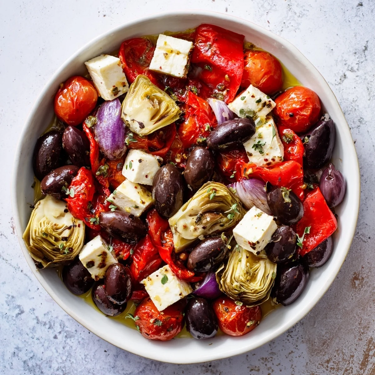 Savory Black Olive and Sun-Dried Tomato Platter, arranged with feta and peppers, ready to serve.