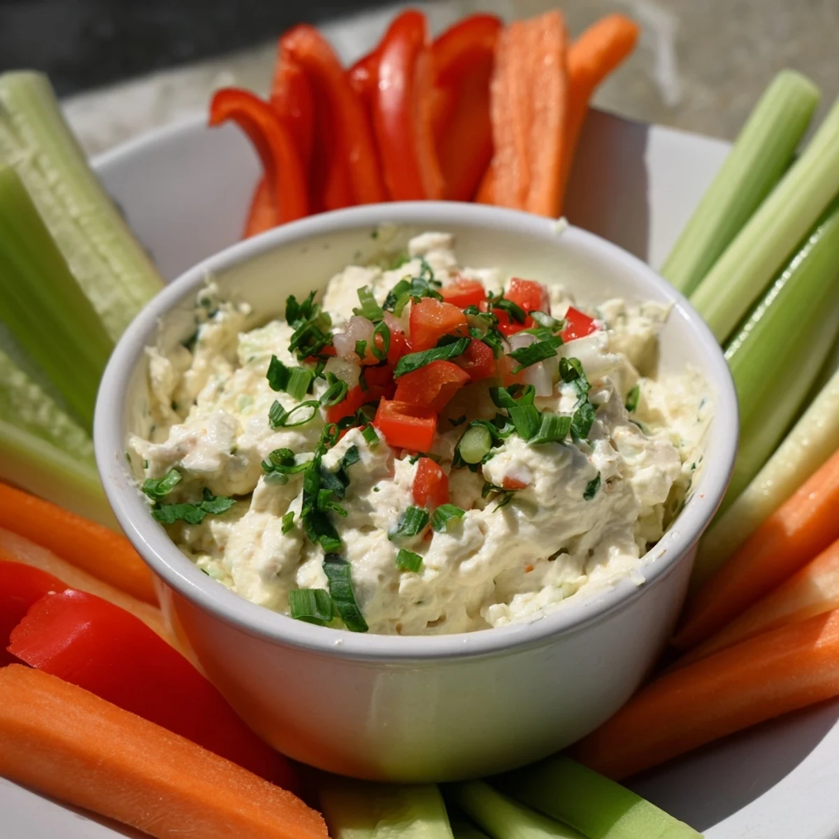 Creamy Kids Dip: The vibrant veggie sticks surround a bowl of rich cream cheese and ranch dip.