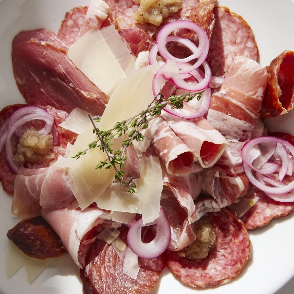 This Burlap & Lace appetizer picture shows a rustic platter with smoky meats, shaved cheese, and fresh herbs.