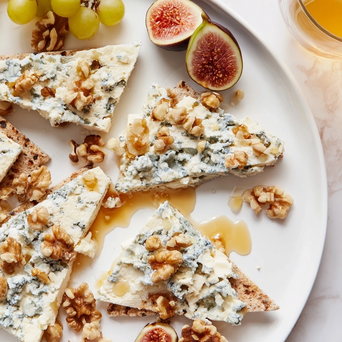 Delectable Blue Ridge Mountains cheese platter showcases blue cheeses artfully arranged like a mountain range, drizzled with honey.