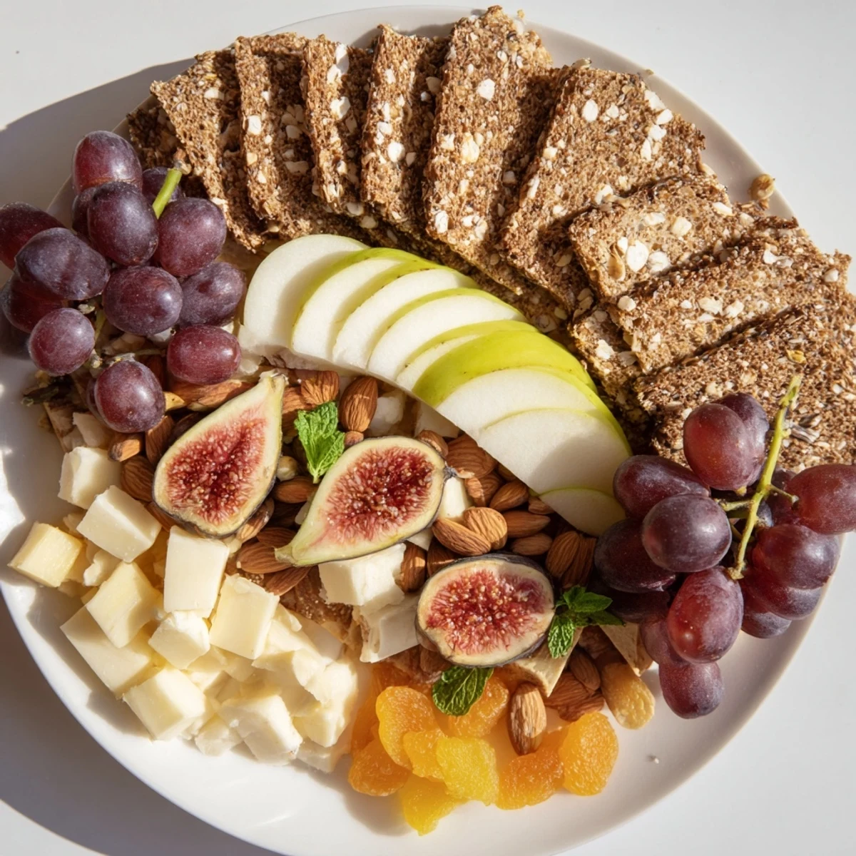 Beautiful arrangement of The Harvest Scythe with grapes, apples, and breads—perfect for a gathering.