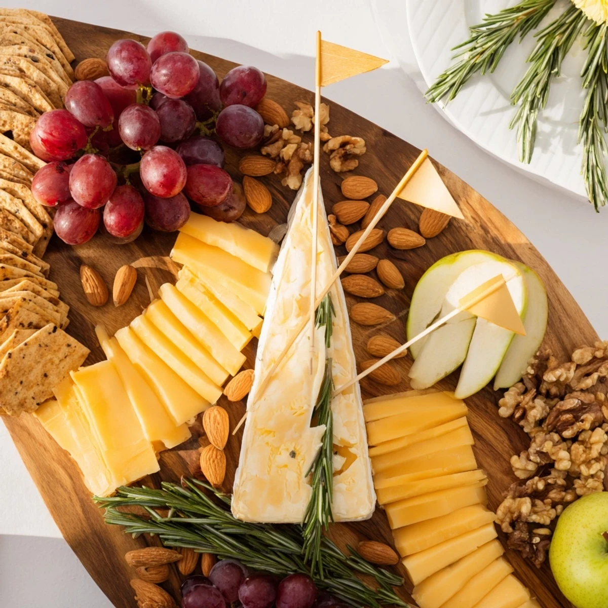 Elegant Sailboat Cheese Platter arrangement with Brie, Manchego, and vibrant fresh fruits, perfect appetizer delight.