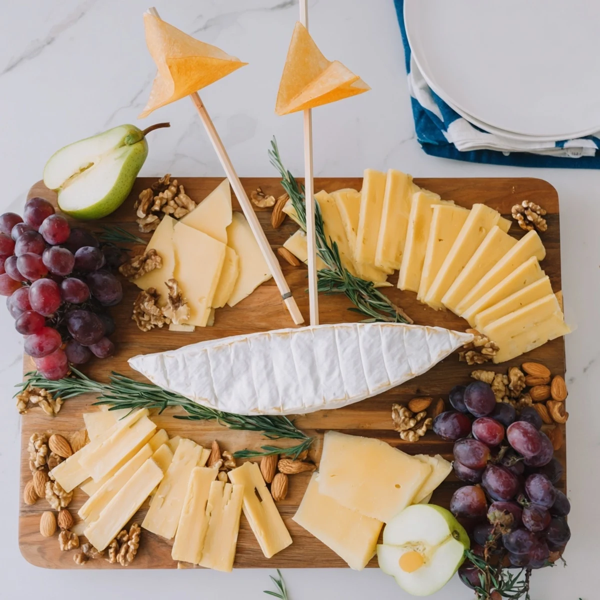 Sailboat Cheese Platter: A delicious cheese and cracker appetizer for entertaining, featuring fresh grapes and rosemary.