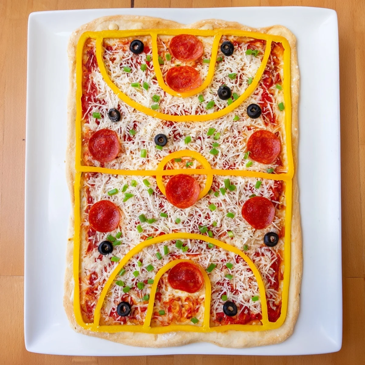 A delicious Basketball Court Pizza, bubbly cheese with pepperoni "basketballs" ready to eat.