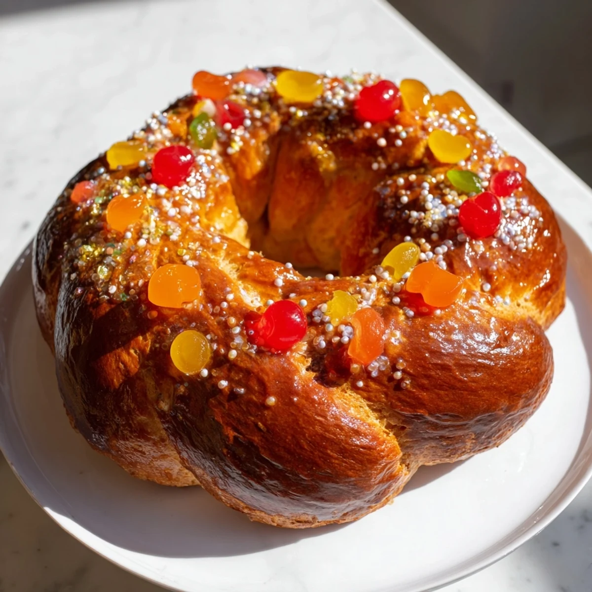 The glistening Couronne de Roi Bijoux Sucrés shows off a soft, airy crumb, perfect for a special breakfast.
