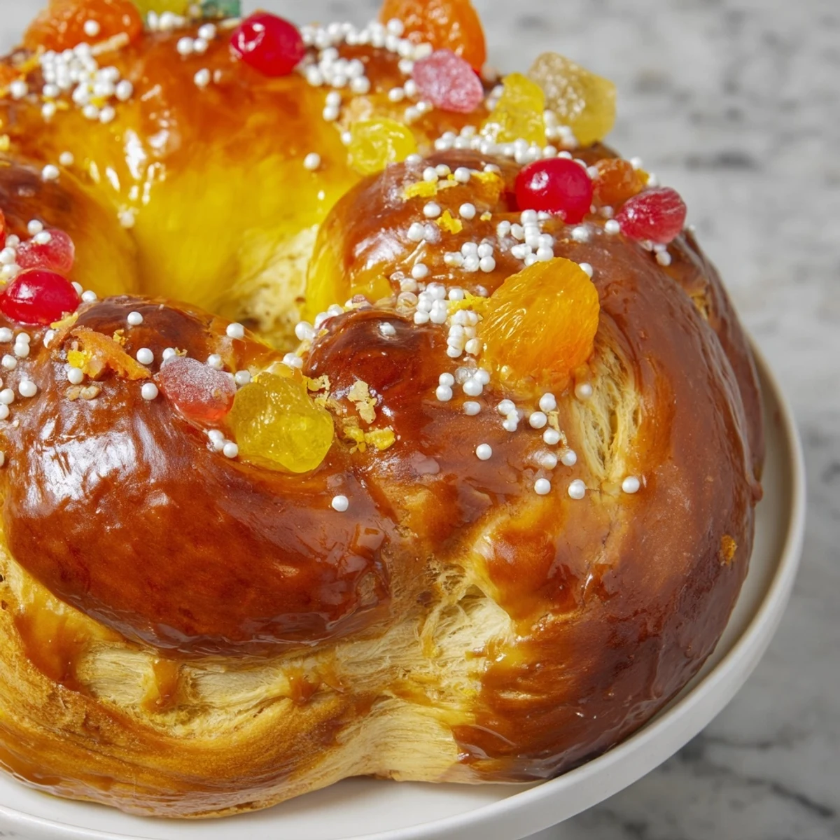 A close-up reveals the glistening glaze and fruity mosaic of the elegant Couronne de Roi Bijoux Sucrés.