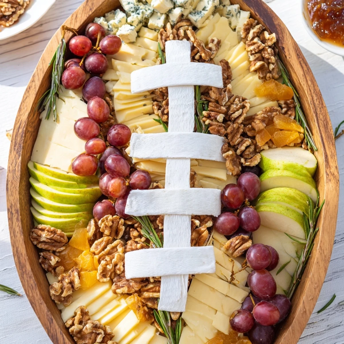 Rugby ball cheese board overflowing with cheeses, fruit, and charcuterie, ready to serve guests.