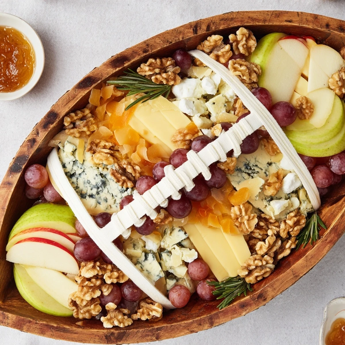 Beautifully arranged Rugby ball cheese board featuring French cheeses, grapes, and nuts, perfect for entertaining.