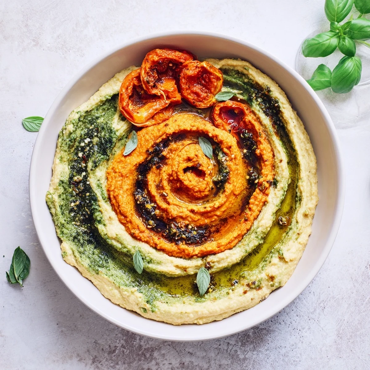 A vibrant photo of a marble swirl platter includes creamy hummus dips and crispy crackers for dipping.