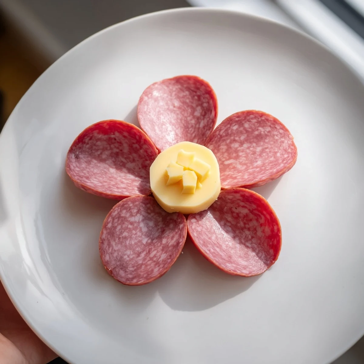 Savory Tudor Rose appetizer: five salami petals form a flower around yellow cheese, ready to eat.