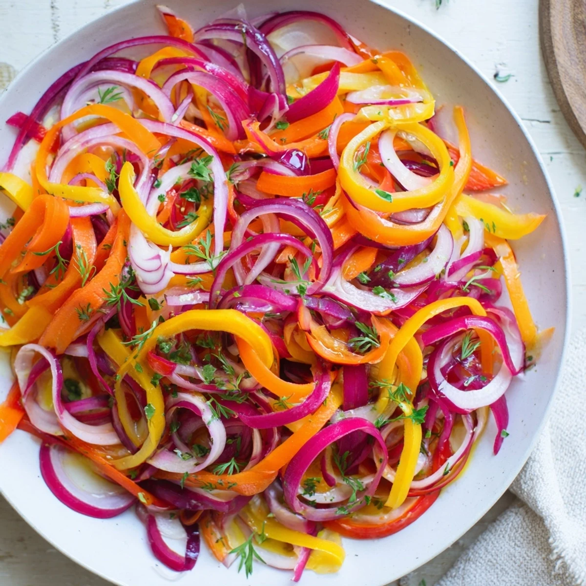 Vibrant The Spinning Top salad features colorful, thinly shaved vegetables and fresh herbs artfully arranged.