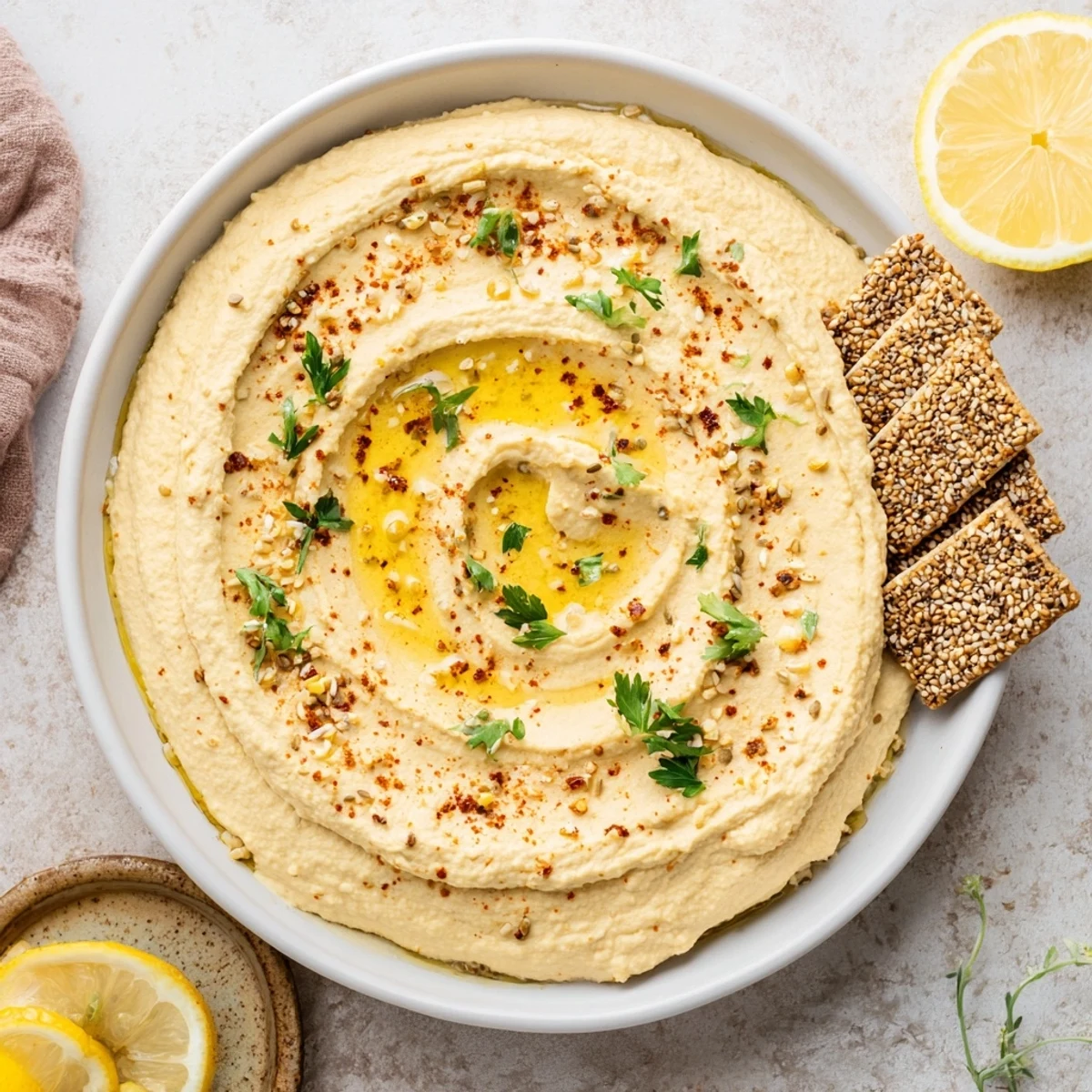 Sandstone Canyon appetizer: creamy hummus layered with crisp crackers, garnished and served with lemon wedges.