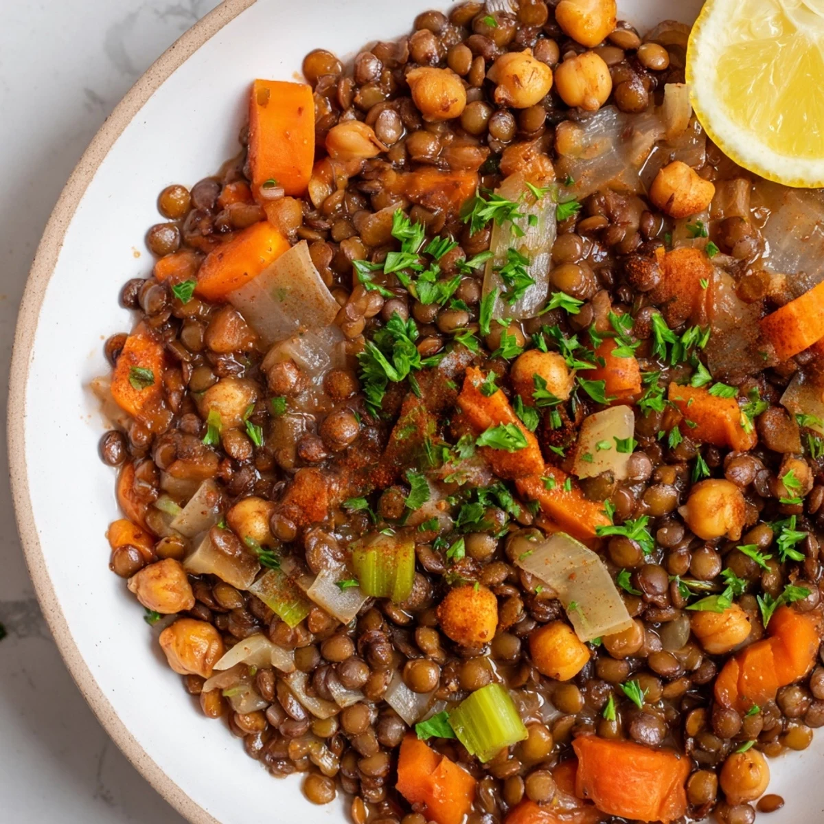 Steaming bowl of Middle Eastern Lentil and Chickpea Stew, garnished with fresh parsley and lemon wedges.