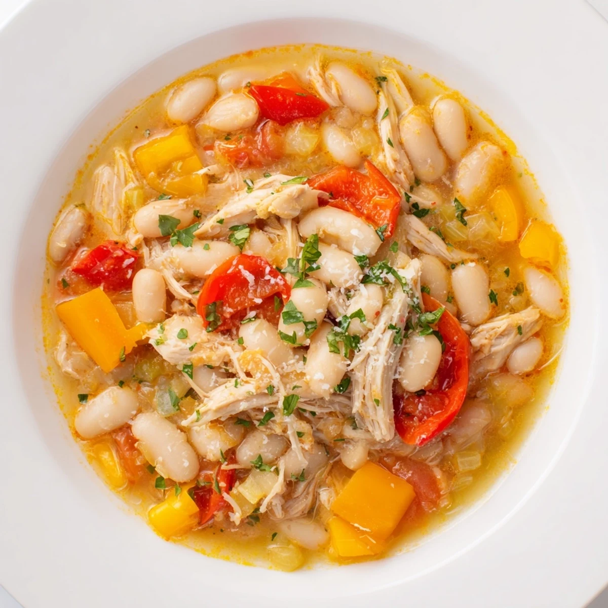 Close-up shot showing the vibrant color of this hearty White Bean and Roasted Red Pepper Chicken stew.