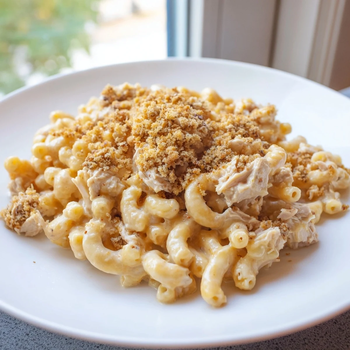 Steaming hot Struggle Meal Chicken Macaroni, topped with golden breadcrumbs and bubbling cheese in a baking dish.