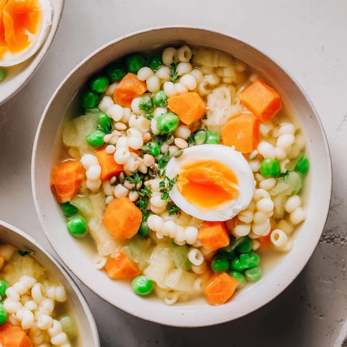 Steaming bowl of Ramen Upgrade with Frozen Peas, garnished with green onions and a soft-boiled egg.