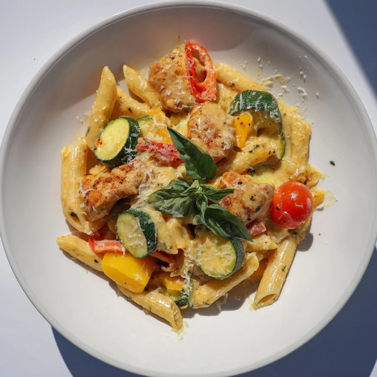 Enjoy a delicious plate of flavorful 5-4-3-2-1 Pasta Primavera, garnished with fresh basil.