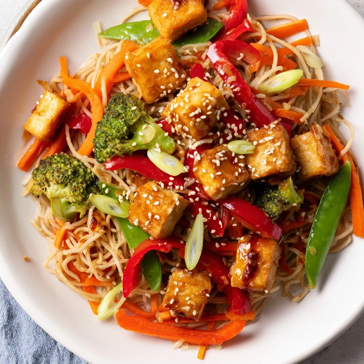 A steaming bowl of sesame ginger tofu stir-fry, showcasing beautifully stir-fried tofu and noodles.