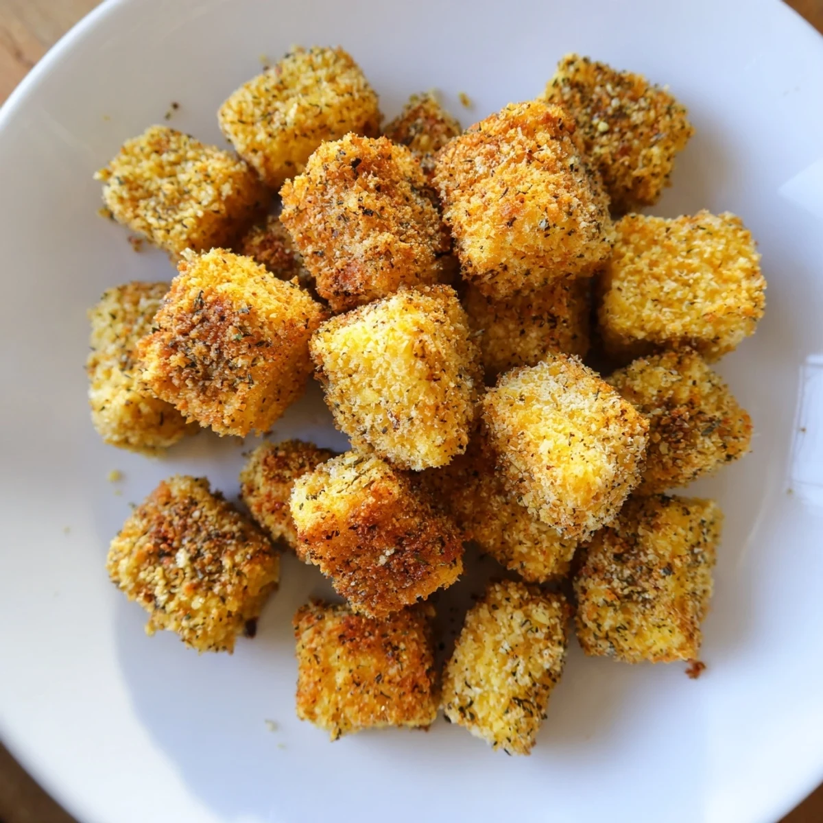 Golden, crispy Popcorn Tofu Bites on a white plate, ready to be enjoyed with a dipping sauce.