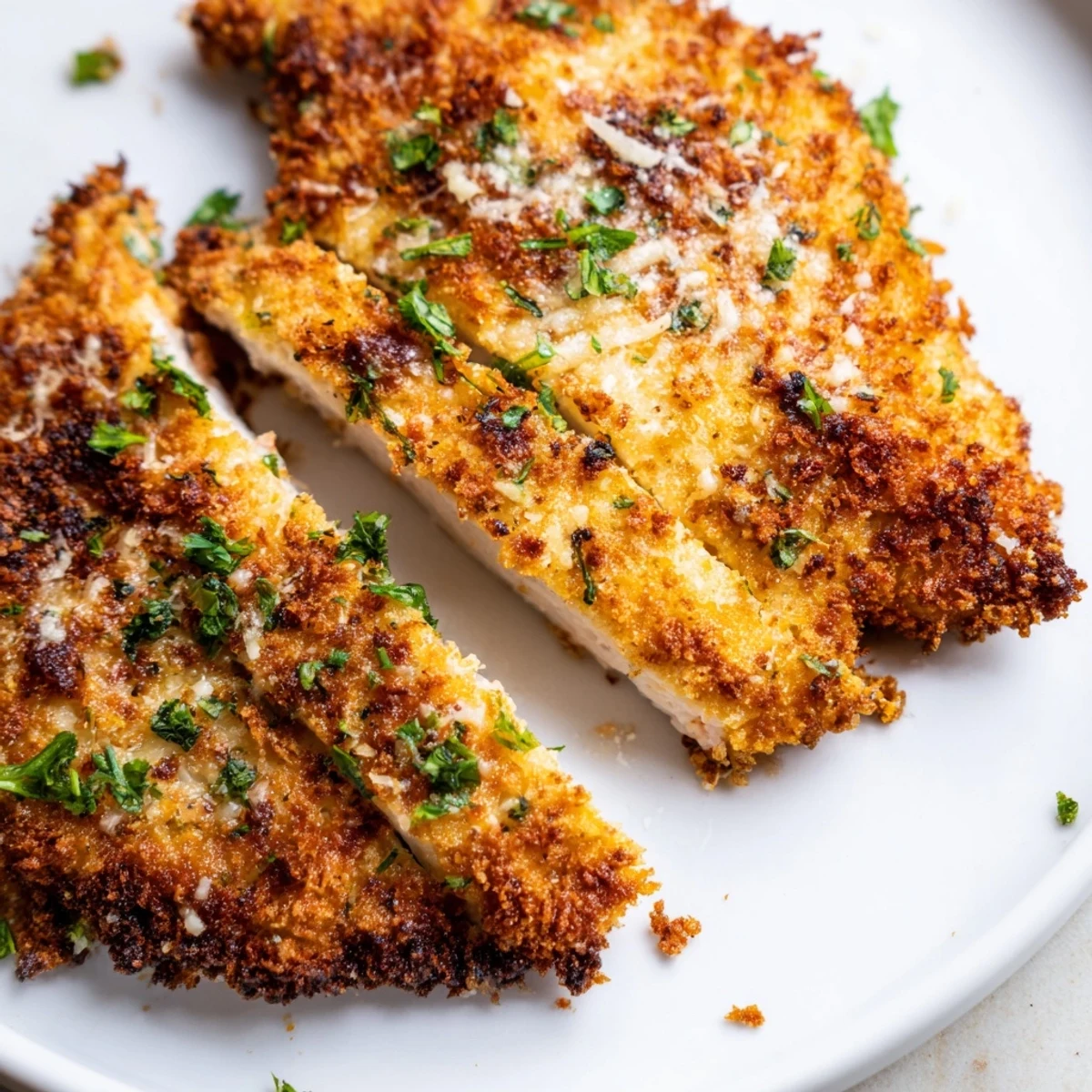 Mouthwatering image of crispy Parmesan chicken cutlets, showcasing a golden, crunchy breading, delicious Italian flavor.