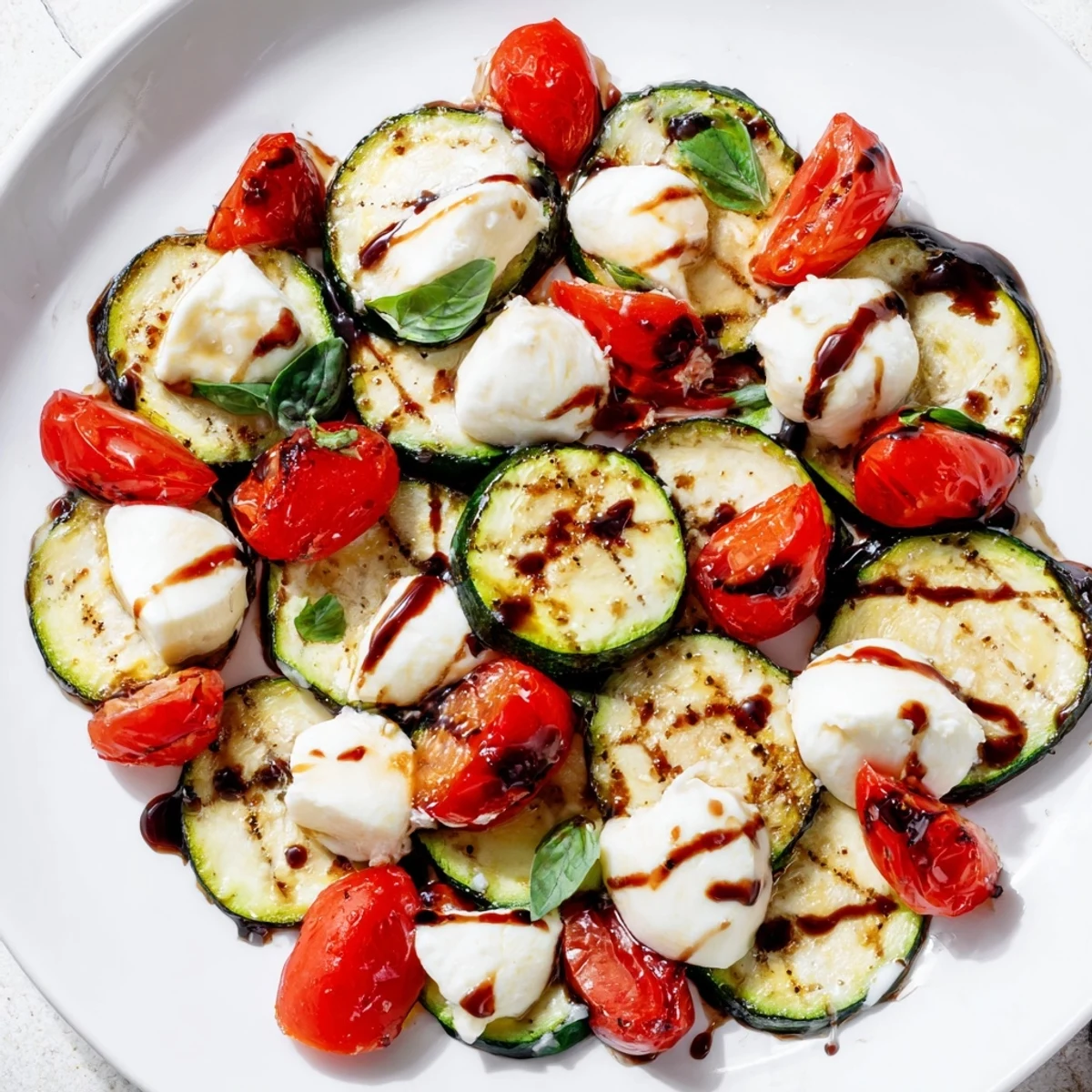 Delicious Zucchini Caprese Bites, served warm, with melted cheese and juicy cherry tomatoes for a treat.