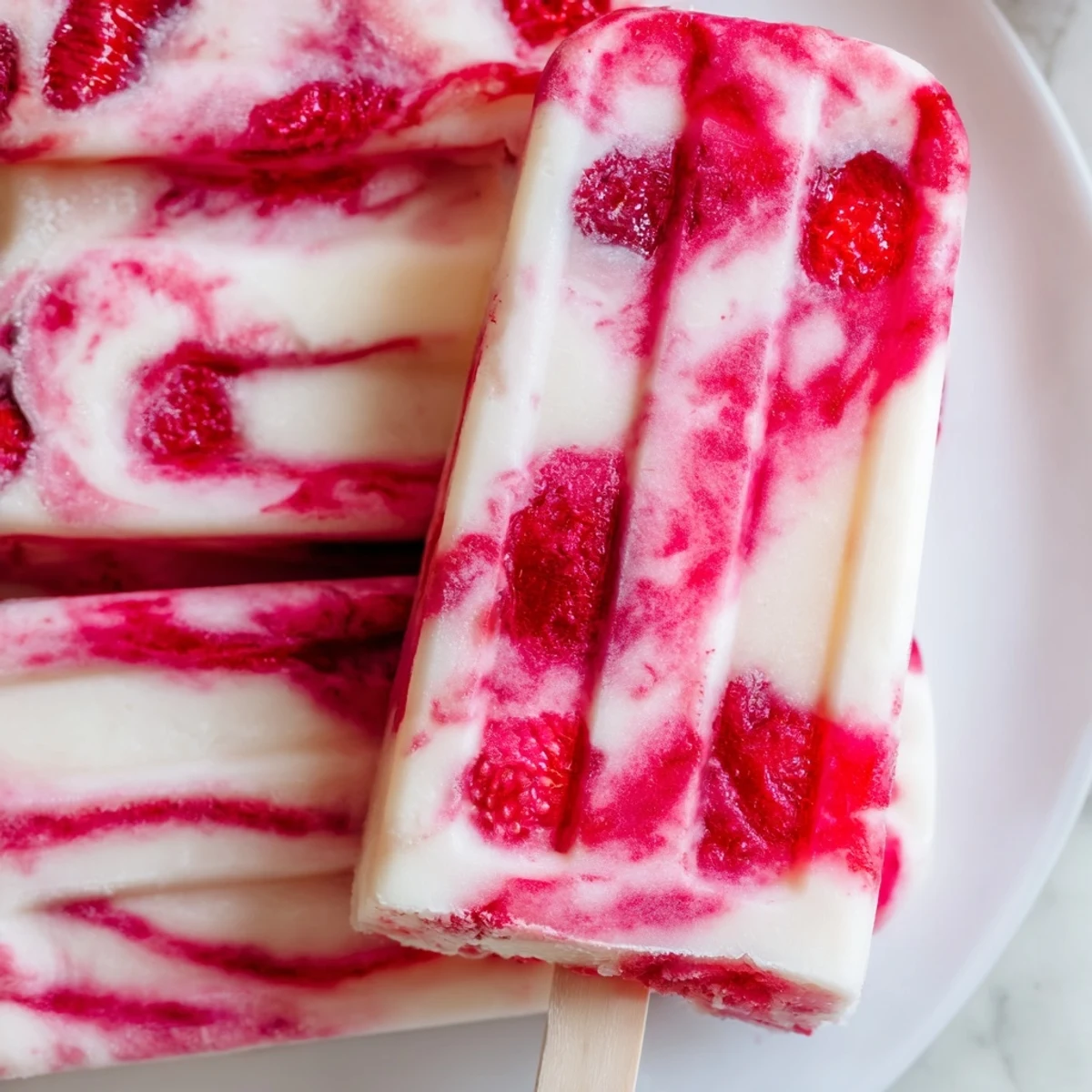 A close-up of delicious Raspberry Coconut Ice Pops: a refreshing, vegan dessert made with fresh raspberries.