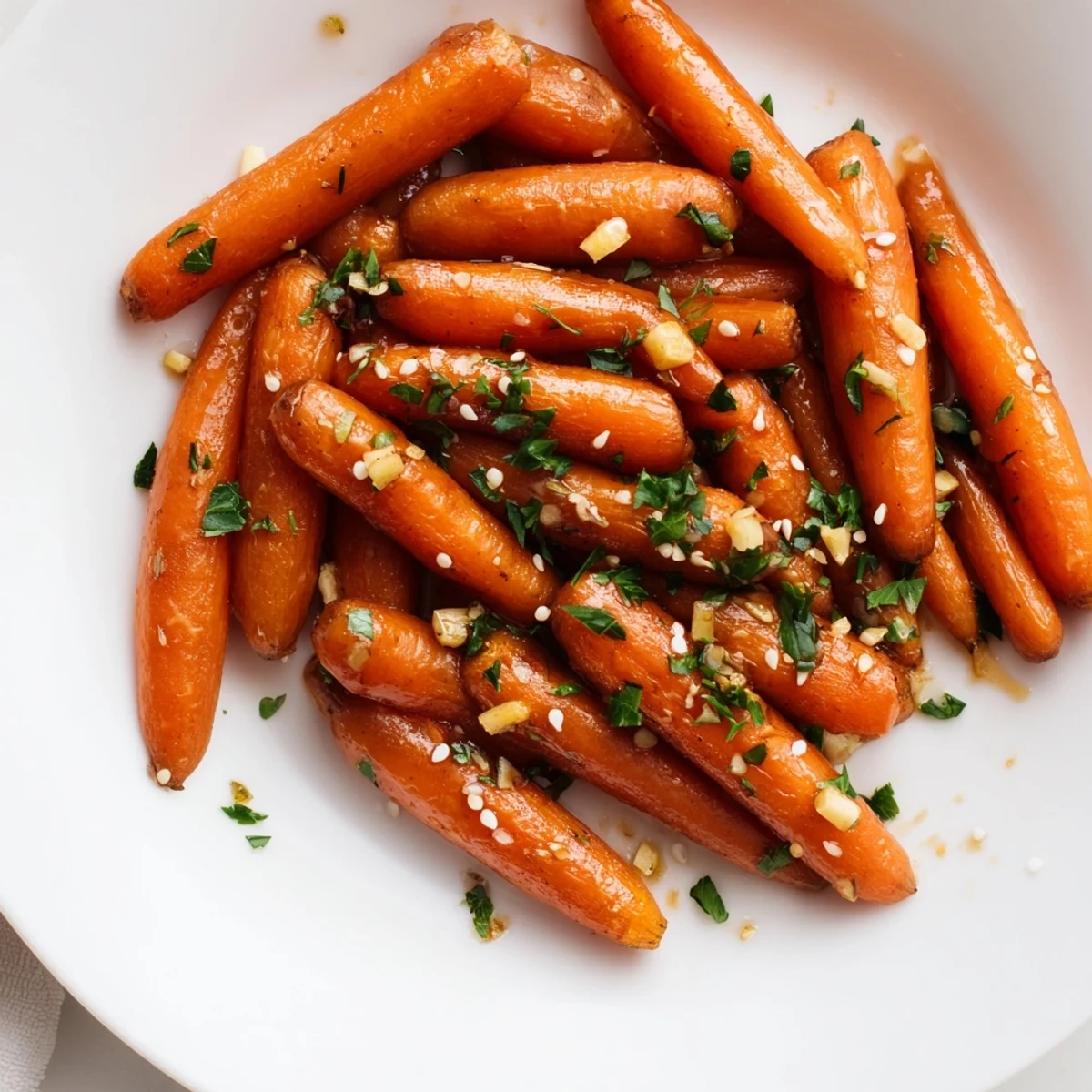 Honey soy roasted carrots: glistening, glazed baby carrots ready to eat as a flavorful, simple side.