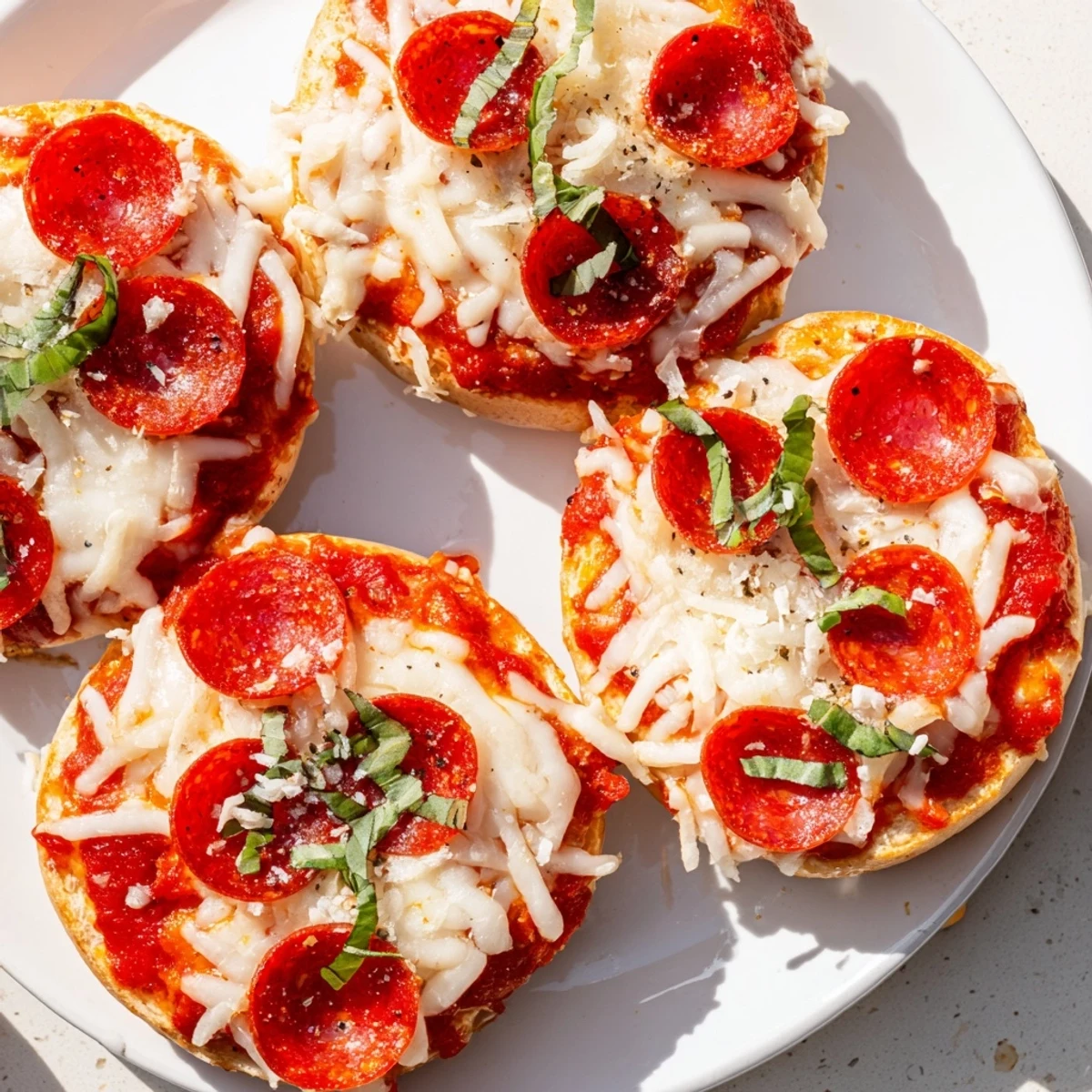 Golden, bubbly Mini Pepperoni Pizza Bagels, featuring melted cheese and crispy pepperoni slices.