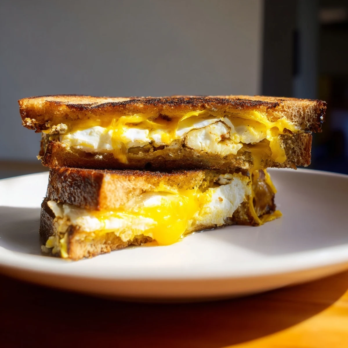 Golden, crispy feta fried eggs grilled cheese on a plate, ready for a satisfying, savory bite.