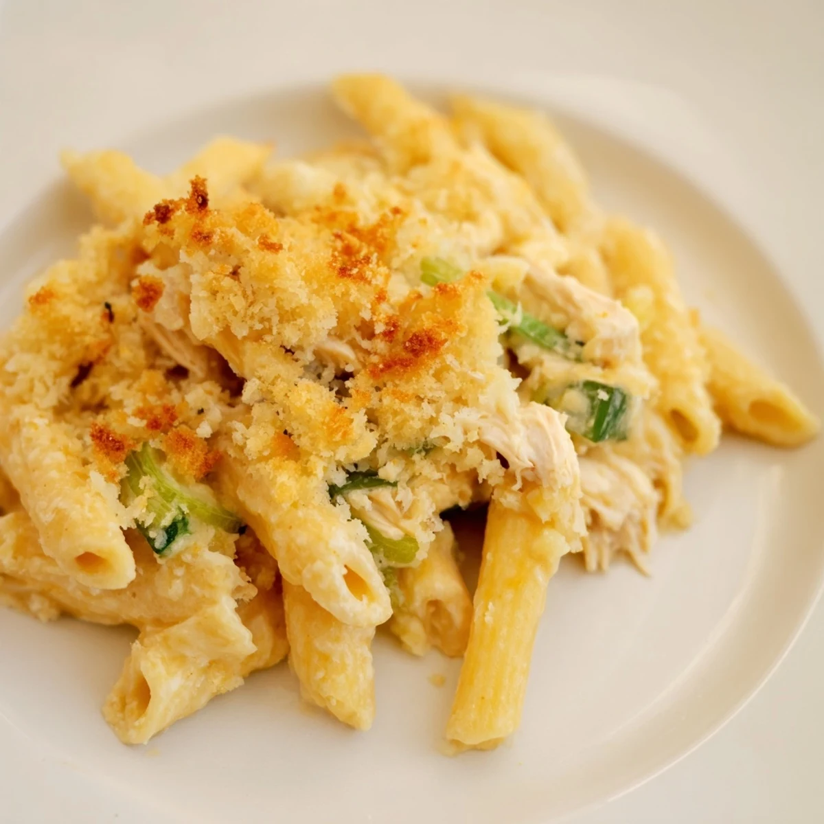 A close-up of a baking dish overflowing with Jalapeño Popper Chicken Pasta, garnished with fresh jalapeños.