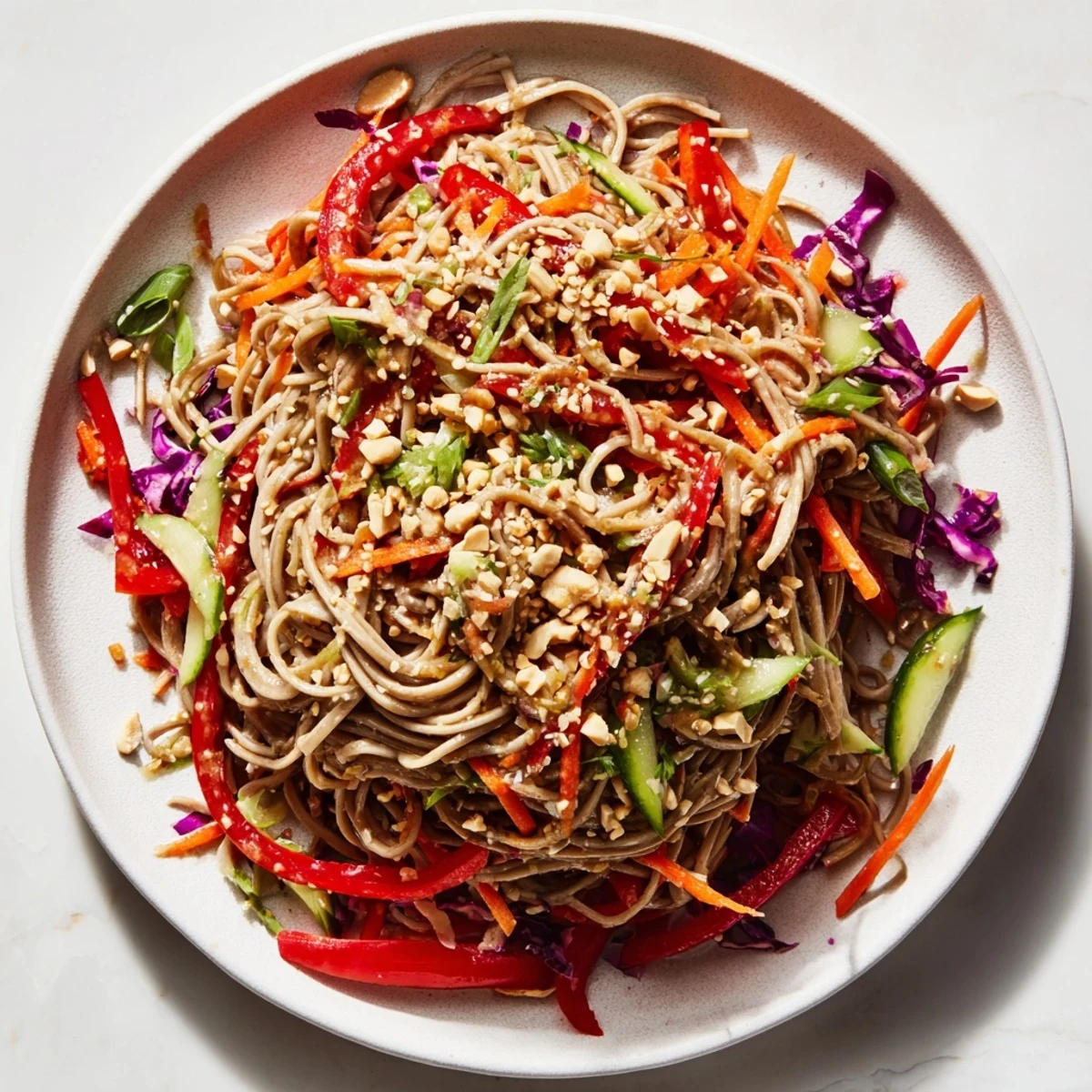 A vibrant Cold Noodle Salad with Sesame-Ginger Dressing, tossed and ready to serve with peanuts.