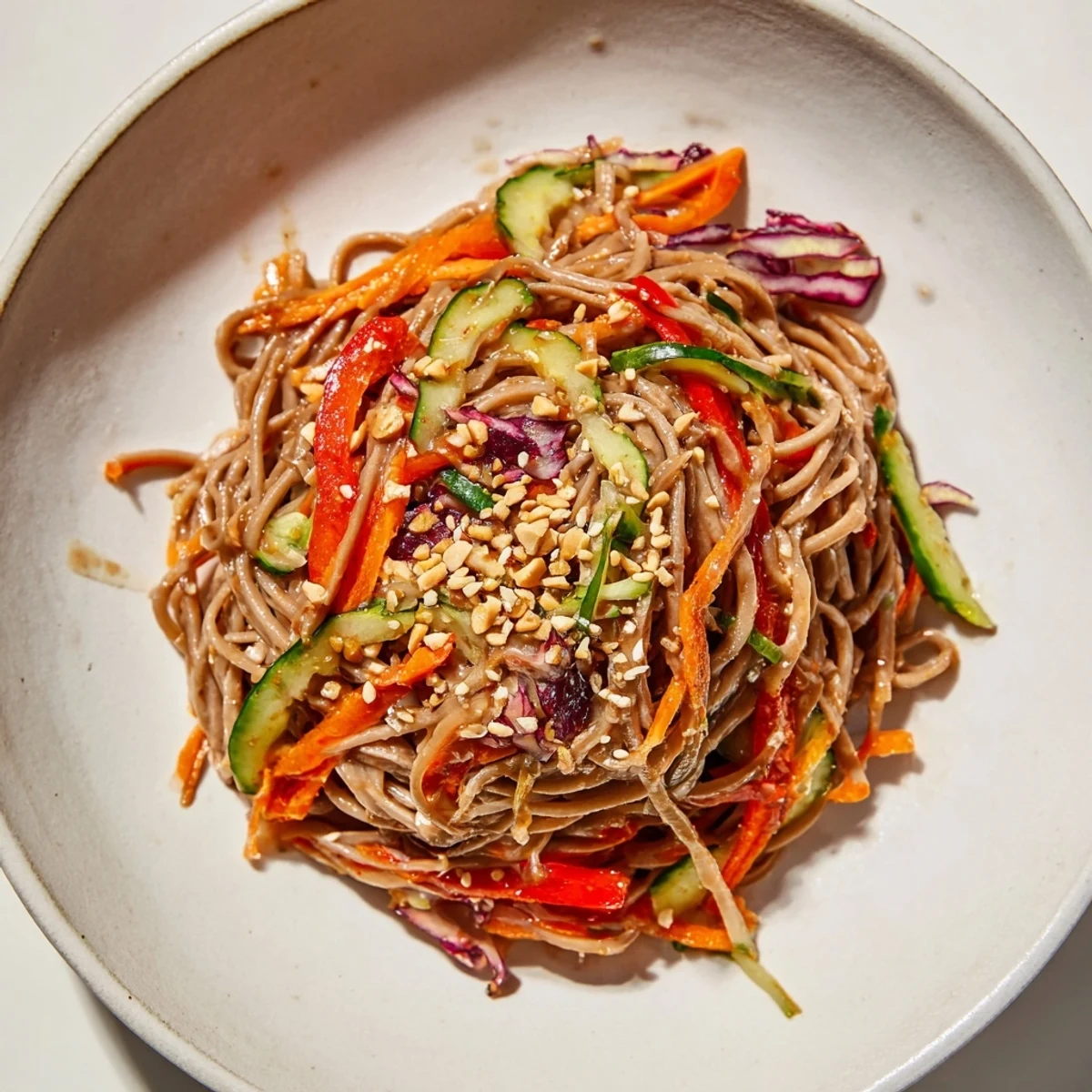 Close-up of a refreshing Asian Cold Noodle Salad, topped with sesame seeds, for an easy dinner.
