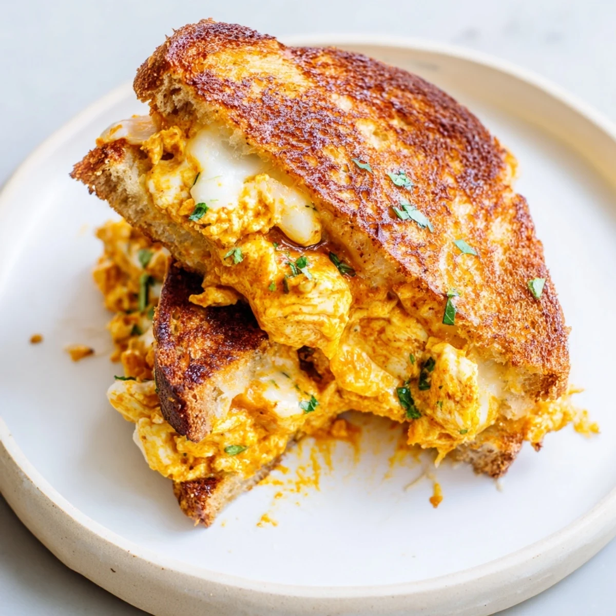 Golden-brown Savory Butter Chicken Grilled Cheese with melted cheese oozing out, delicious.