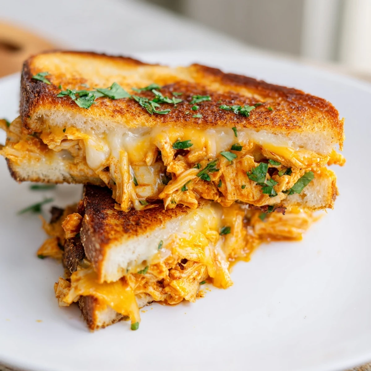 Perfectly grilled Savory Butter Chicken Grilled Cheese, served hot, a comforting, cheesy delight.