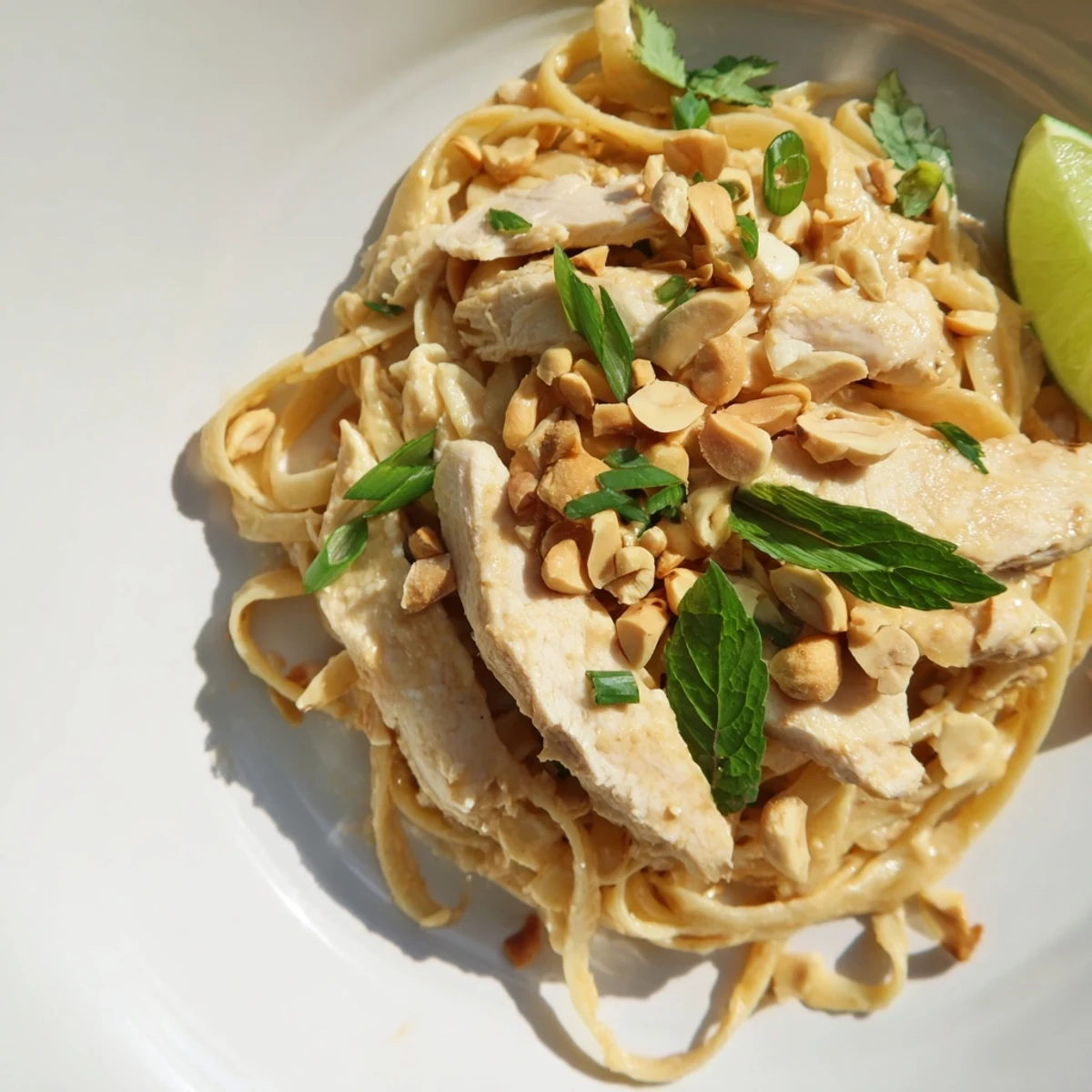 Steaming bowl of Thai Peanut Chicken Pasta, aromatic herbs, peanuts, and lime wedges.