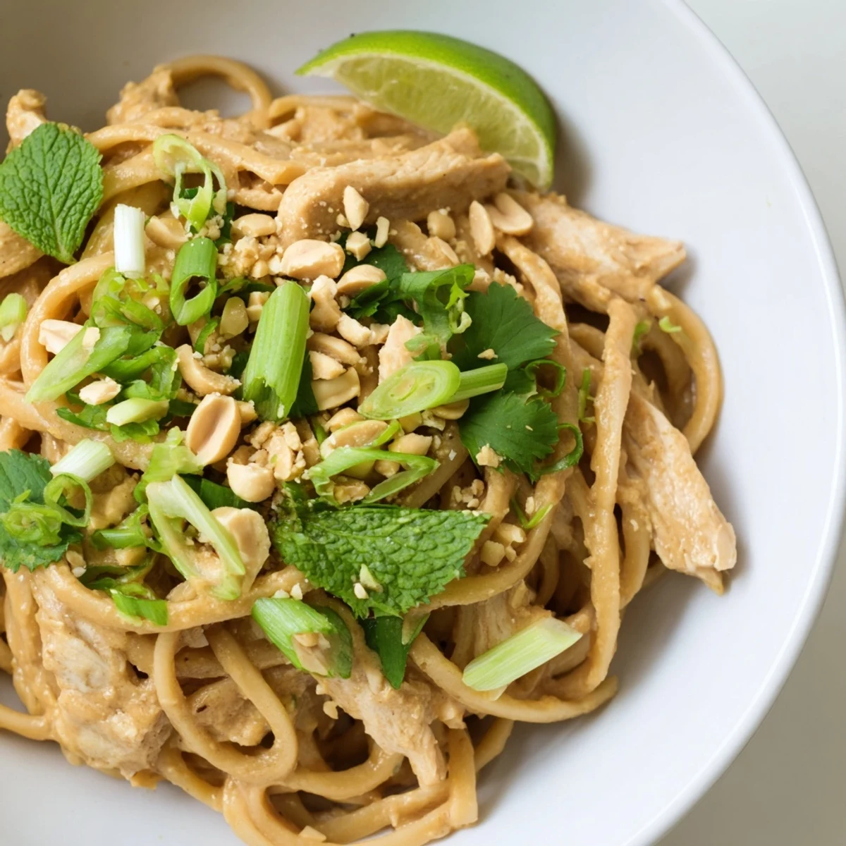 Creamy, flavorful Thai Peanut Chicken Pasta, beautifully plated with colorful fresh cilantro and mint.