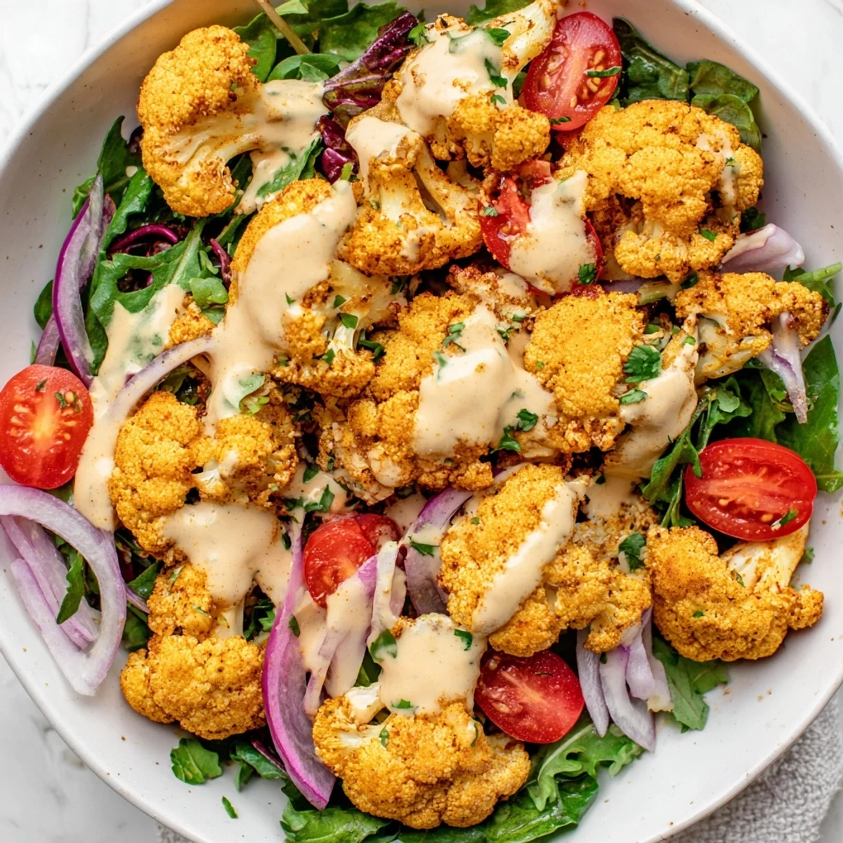 Crispy Cauliflower Salad with Tahini Sauce, featuring golden air-fried cauliflower and fresh greens, drizzled in creamy tahini.