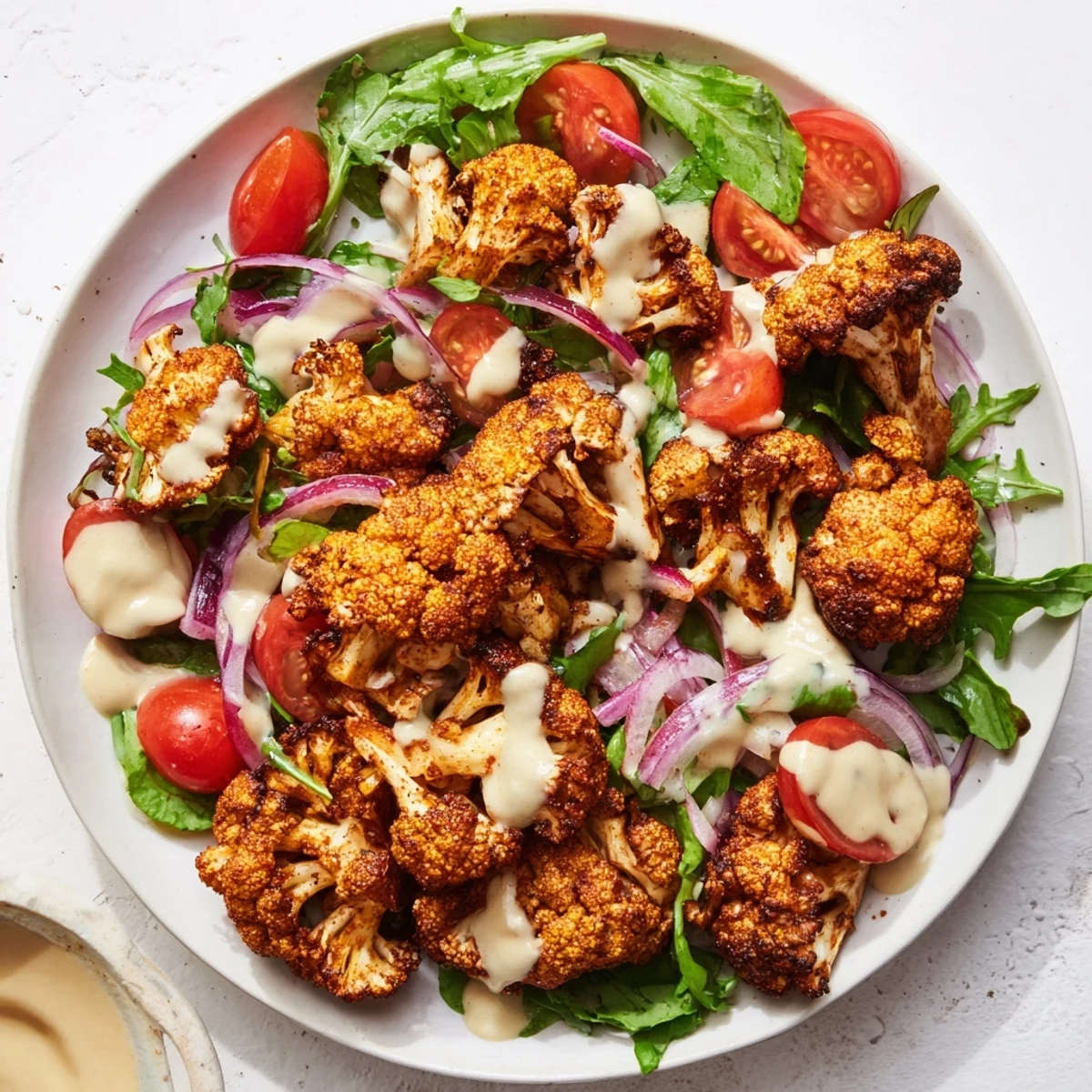 Imagine the crispy cauliflower florets in this salad alongside the smooth tahini dressing; it's a delicious meal!