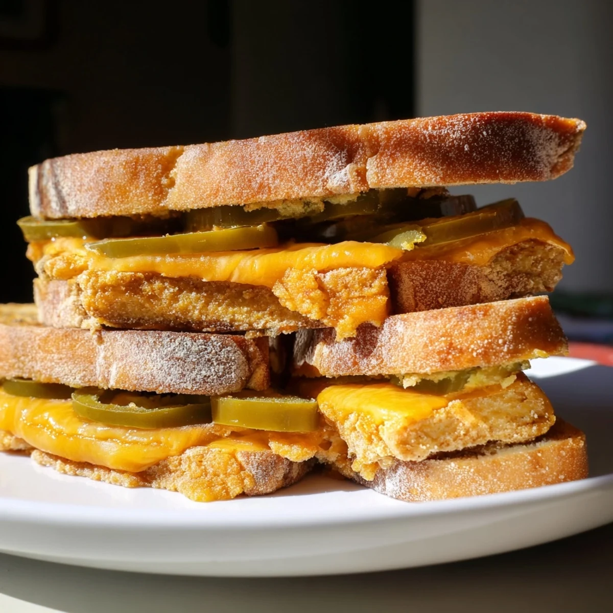 Perfectly toasted sourdough holding a delicious spicy crispy tofu grilled cheese overflowing with flavorful fillings.