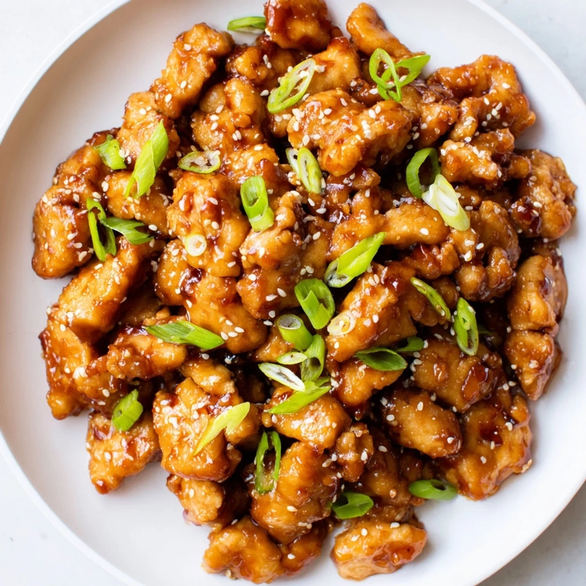 This Sweet and Spicy Sriracha Honey Chicken features tender, saucy chicken ready to serve with rice and garnishes.