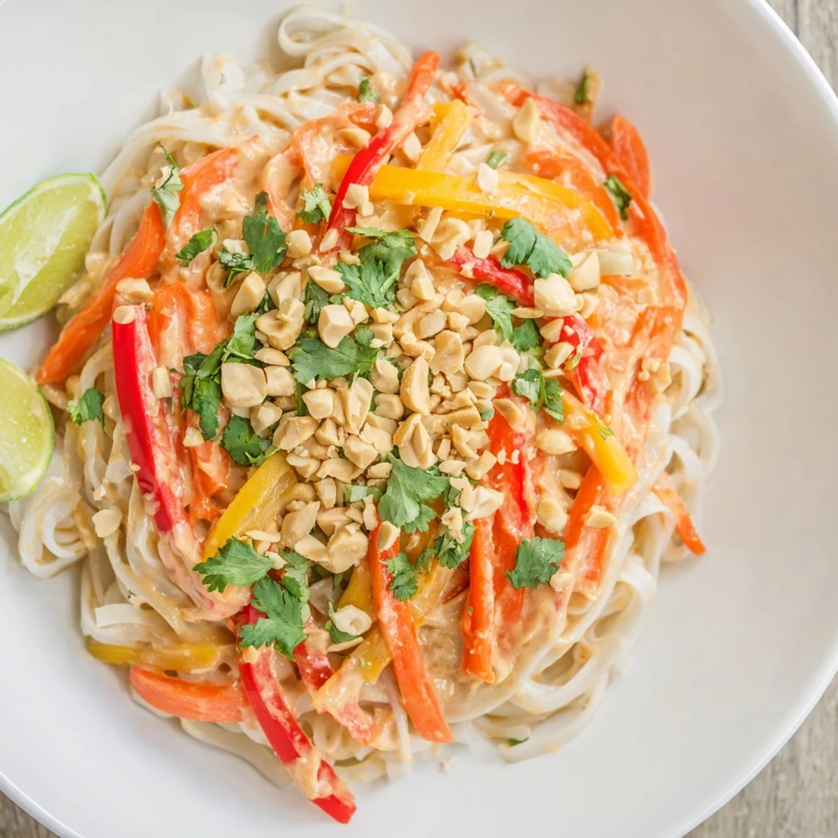 Steaming bowl of spicy peanut noodles, vibrant with carrots and peppers, ready to eat.